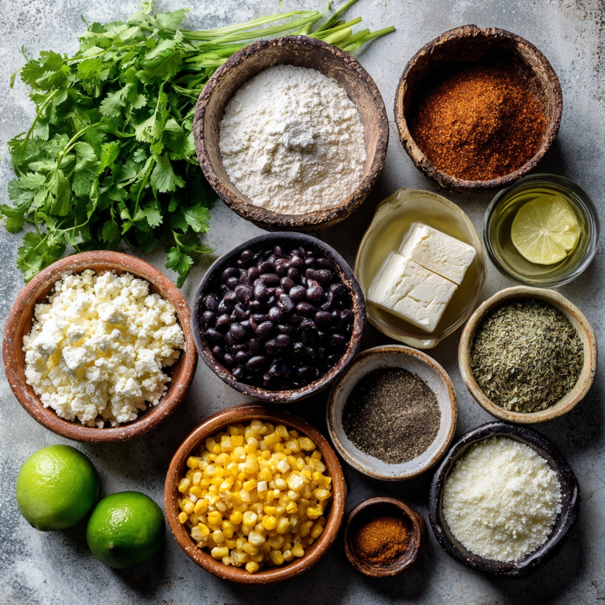 An overhead shot of assorted ingredients including cilantro, black beans, corn, cheeses, flour, butter, spices, lime, and seasonings arranged in rustic bowls.