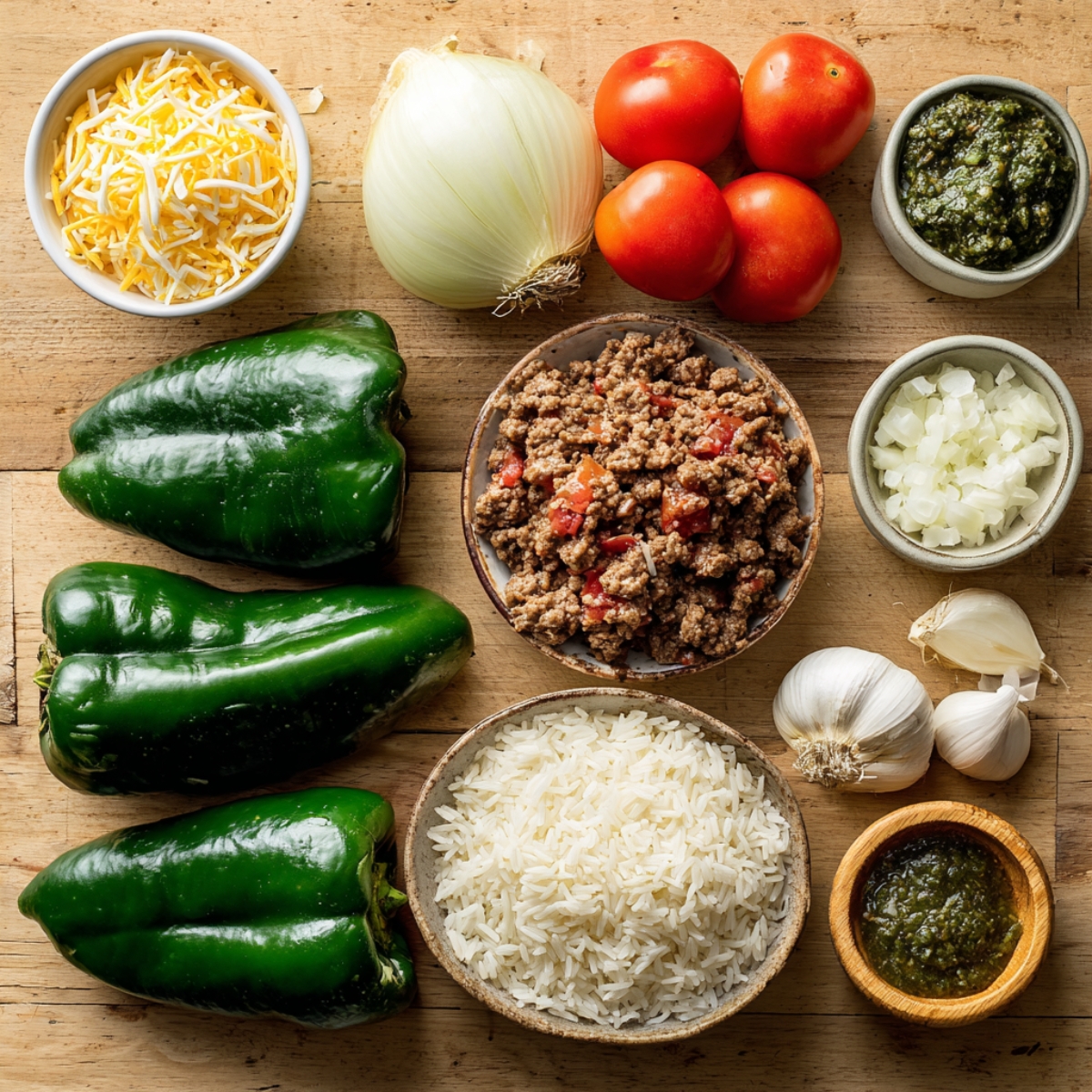 A wooden surface with poblano pepper stuffing ingredients: whole poblanos, cooked seasoned ground beef, rice, cheese, tomatoes, onion, garlic, and green sauce in small bowls.