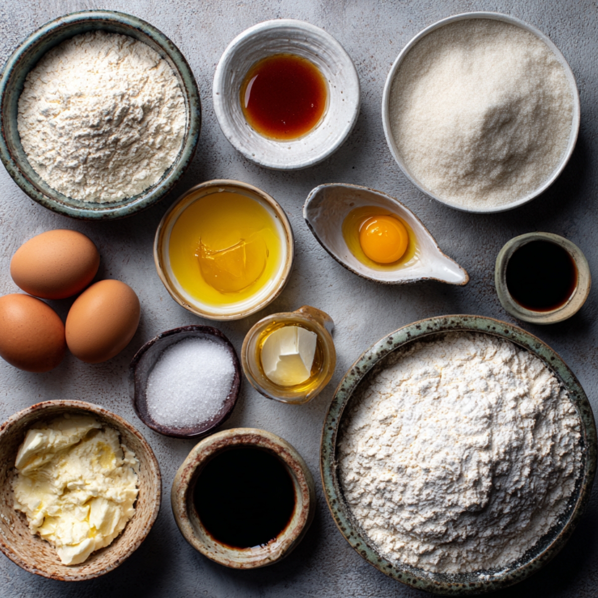 Rustic setup with bowls of flour, butter, eggs, sugar, vanilla, and other baking essentials, ready for making cookies.