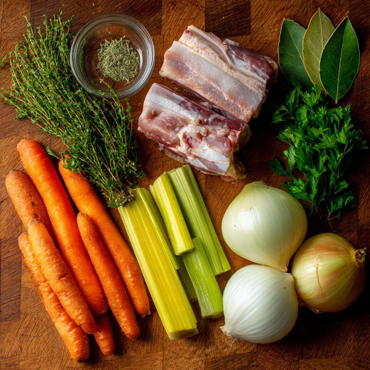Fresh carrots, celery, onions, bay leaves, thyme, parsley, and raw pork ribs arranged on a wooden surface.