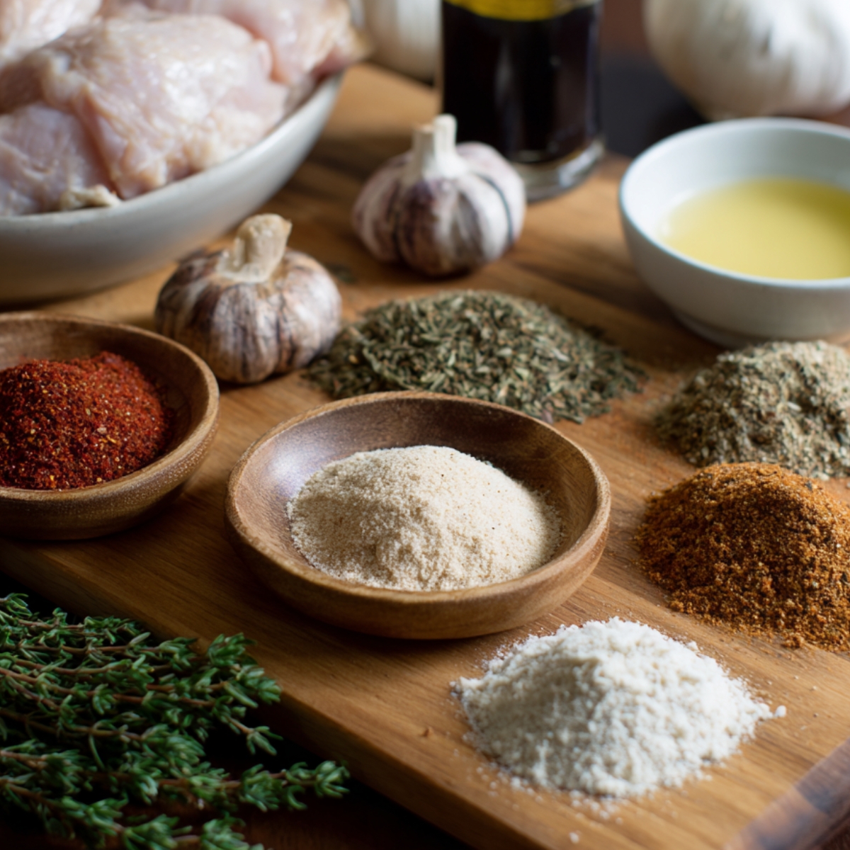 Wooden board with raw chicken pieces, fresh garlic, olive oil, vinegar, and an assortment of dried spices and herbs.