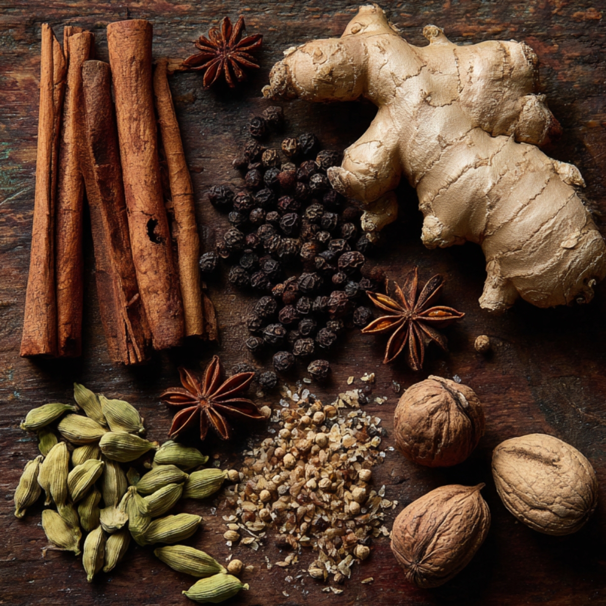 Whole spices for turmeric golden milk on wooden background, including cinnamon sticks, black peppercorns, cardamom pods, cloves, star anise, nutmeg, and fresh ginger root.