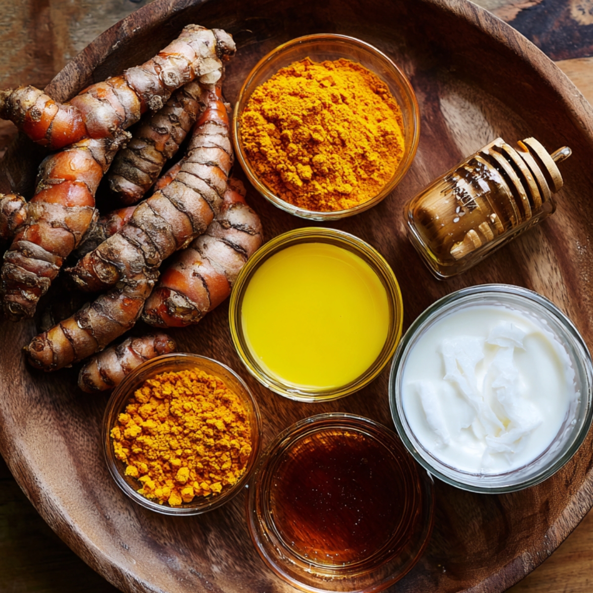 Fresh turmeric roots with small bowls of turmeric powder, honey, coconut oil, maple syrup, and coconut cream arranged in a wooden tray.