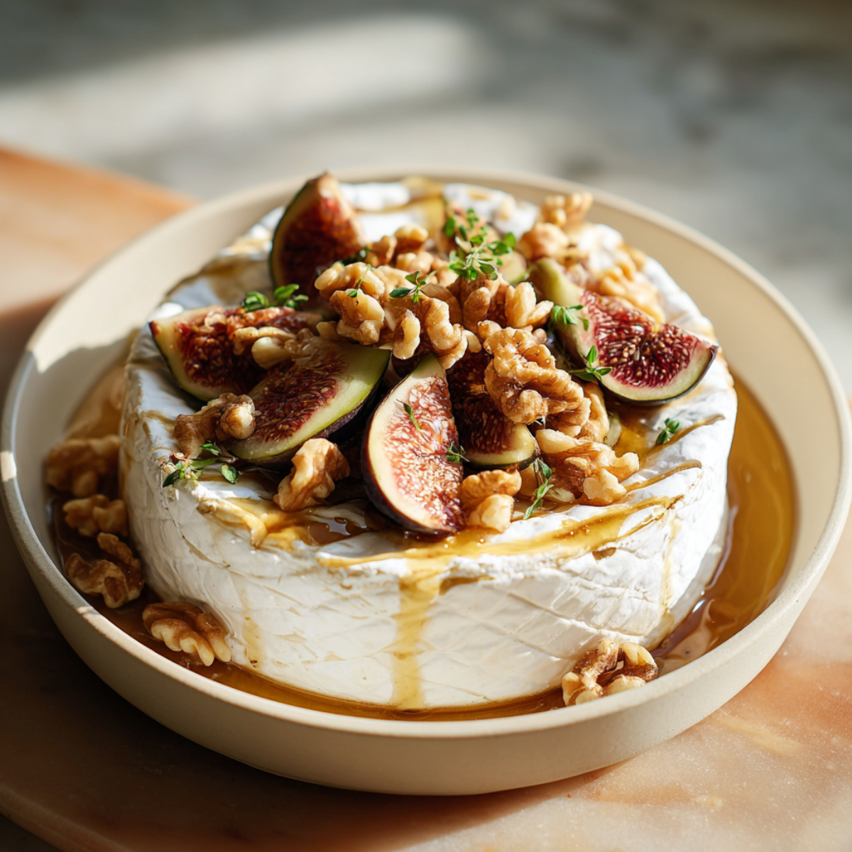 Unbaked brie cheese in a dish topped with fresh fig slices, walnuts, and a drizzle of honey. Natural light highlights the glossy toppings on a marble surface.
