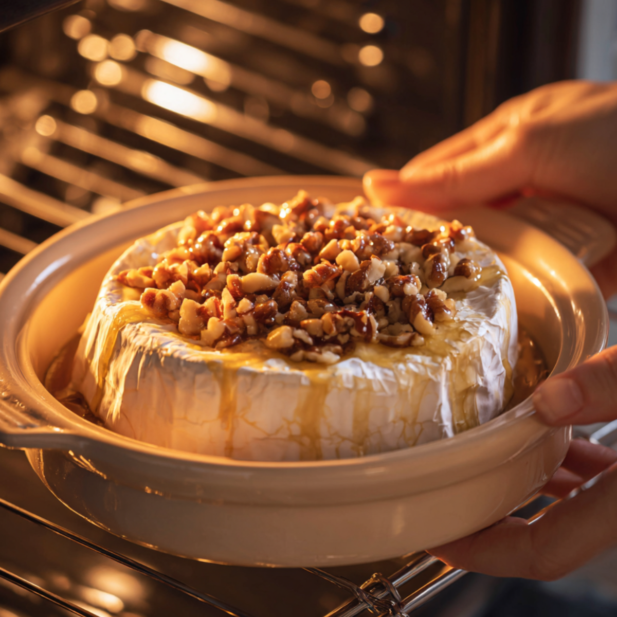 A pair of hands placing a round wheel of brie topped with chopped nuts and honey into a warm oven using a ceramic baking dish.