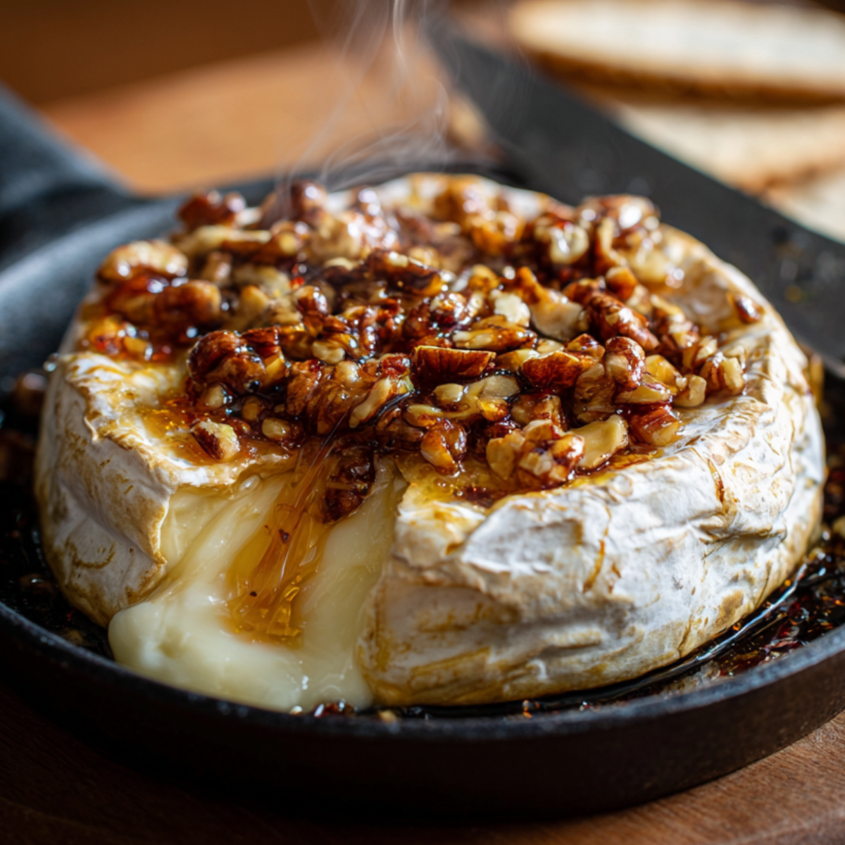 Freshly baked brie cheese in a cast iron skillet, topped with caramelized chopped nuts and honey. The cheese is warm, gooey, and slightly oozing, with visible steam rising from the top.
