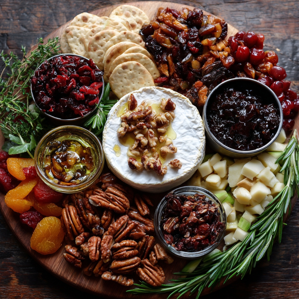 Beautiful charcuterie board featuring Brie cheese topped with honey and nuts, surrounded by dried fruits, nuts, jams, crackers, and fresh herbs.
