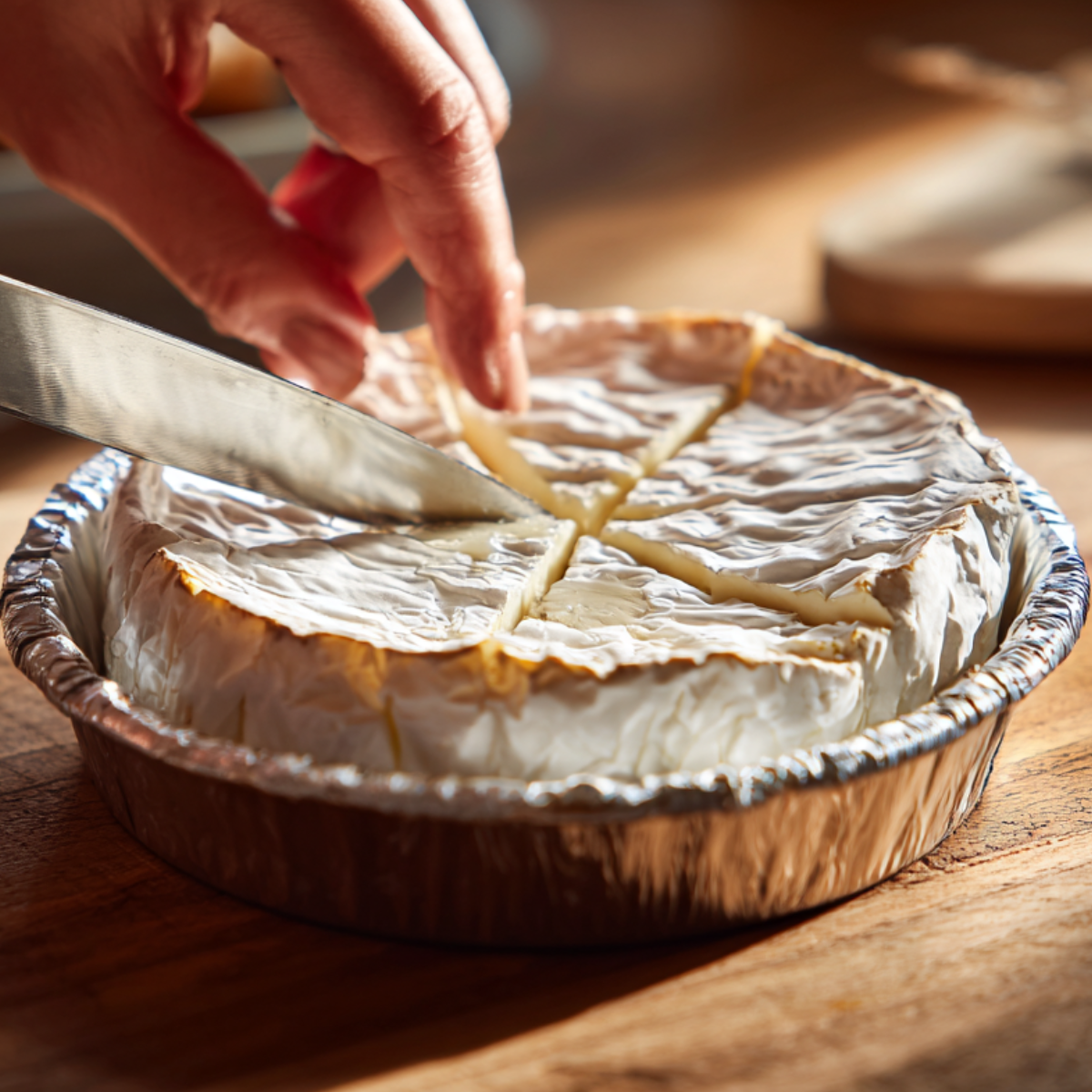 Close-up of a hand scoring the top of a wheel of brie cheese with a knife before baking. The cheese sits in a foil dish on a wooden counter.