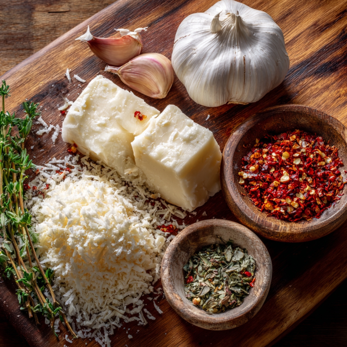 The Best Cheesy Garlic Zucchini Steaks Recips 11 Flavor ingredients on a wooden board: fresh garlic, butter, shredded cheese, dried herbs, and red pepper flakes.