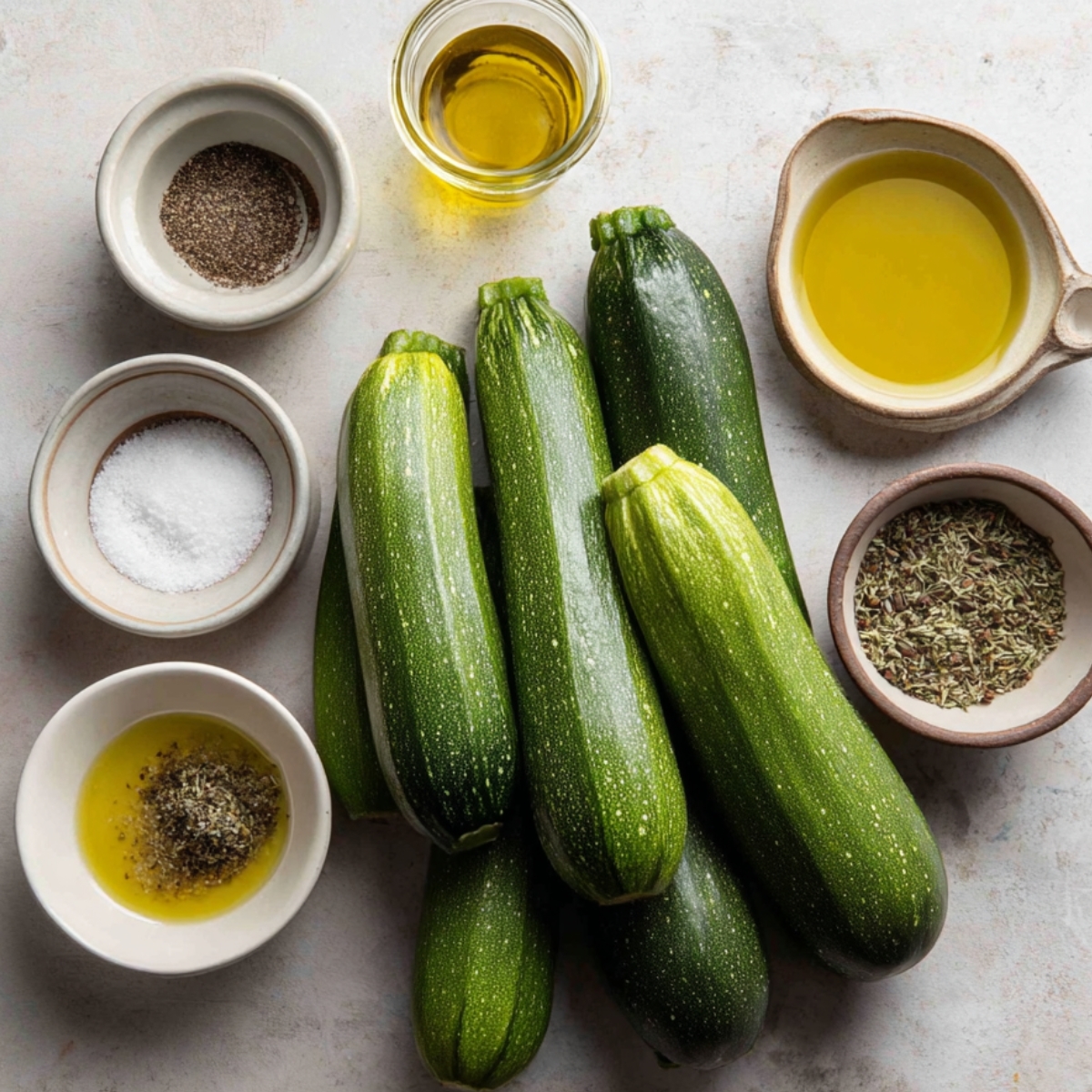 The Best Cheesy Garlic Zucchini Steaks Recips 10 Main recipe ingredients: fresh zucchini with small bowls of olive oil, salt, pepper, and seasonings.