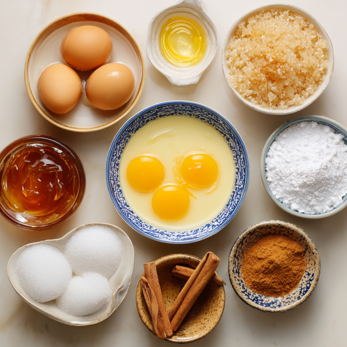 A vibrant spread of caramel-making ingredients in ceramic bowls: eggs, egg yolks in a blue bowl, powdered sugar, golden syrup, white sugar cubes, cinnamon sticks, oil, and golden brown sugar.