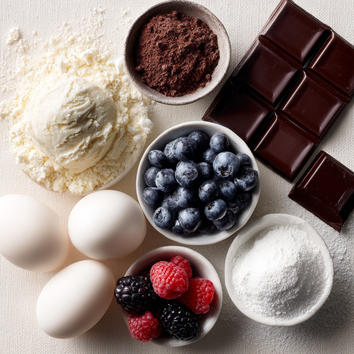 Flat lay of dessert ingredients on a white background, including eggs, berries, flour, powdered sugar, cocoa powder, dark chocolate squares, and a scoop of vanilla ice cream.