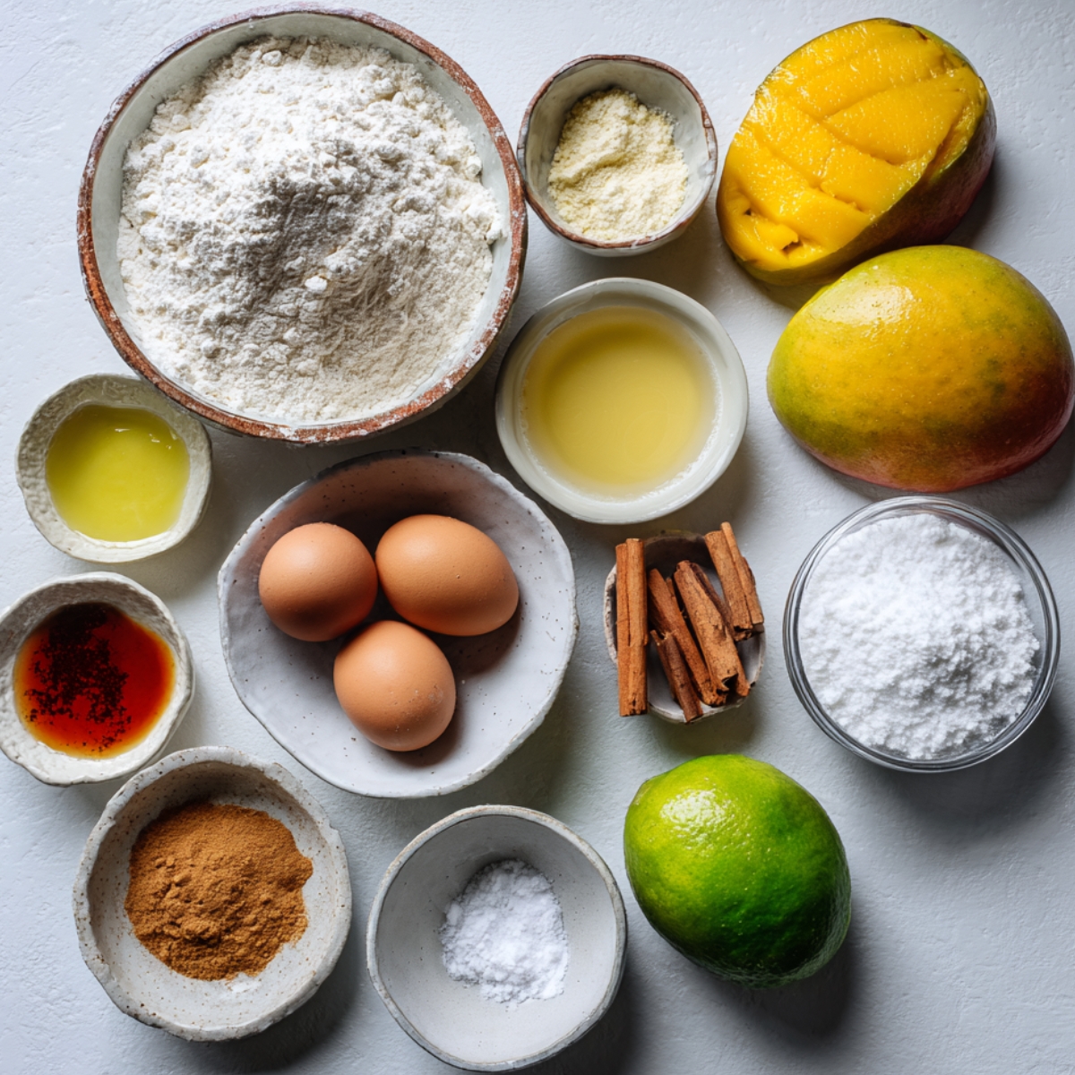 Overhead view of mango pancake ingredients including ripe mangoes, flour, eggs, lime, cinnamon sticks, powdered sugar, vanilla extract, oil, and baking powder laid out on a white background