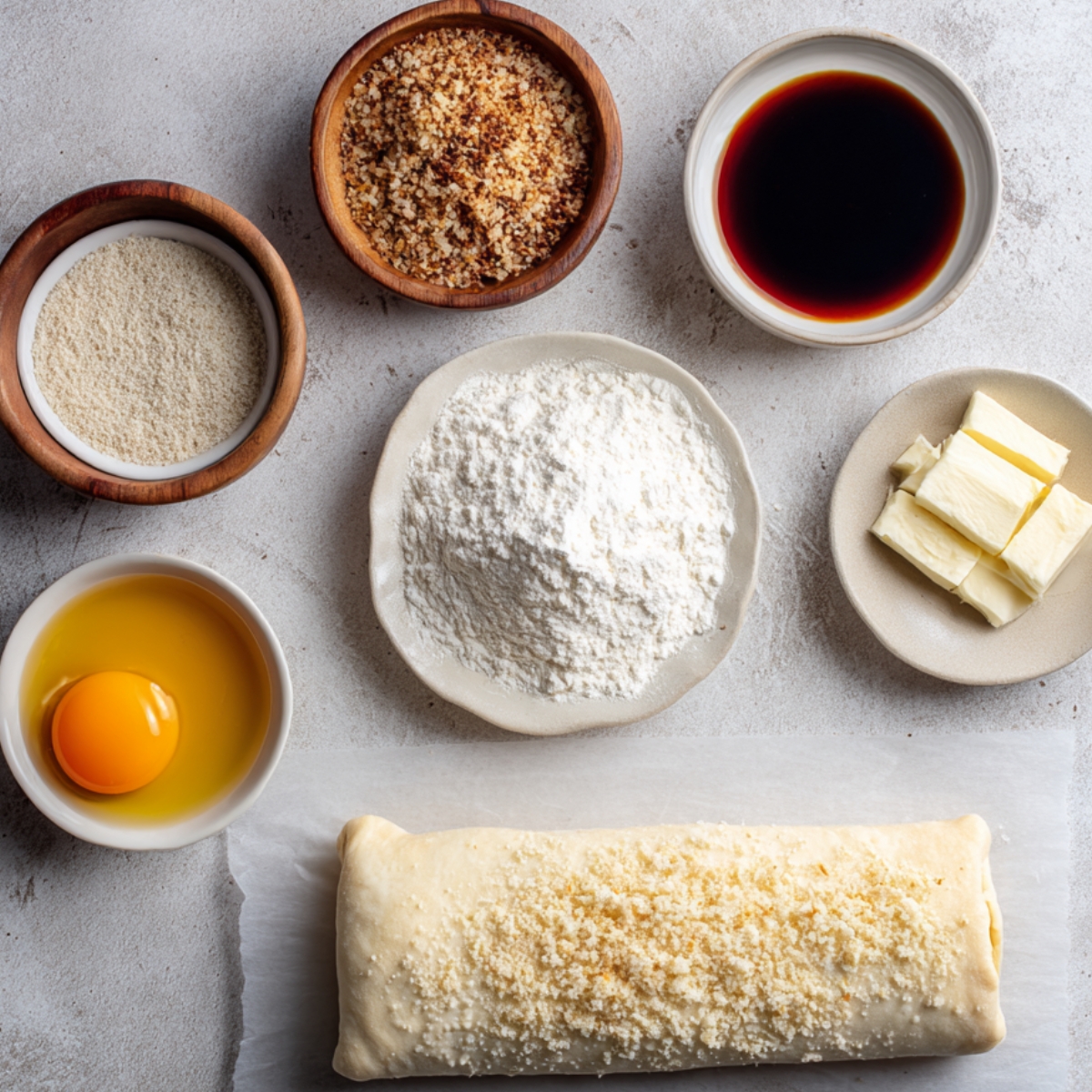 Assorted baking ingredients on a light surface: egg, butter, flour, sauces, breadcrumbs, and rolled pastry topped with crumbs.
