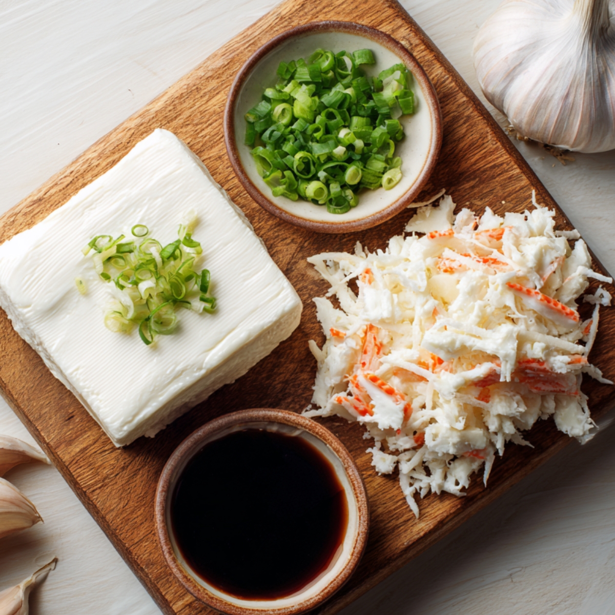 Wooden board with cream cheese, imitation crab meat, soy sauce, green onions, and garlic cloves.