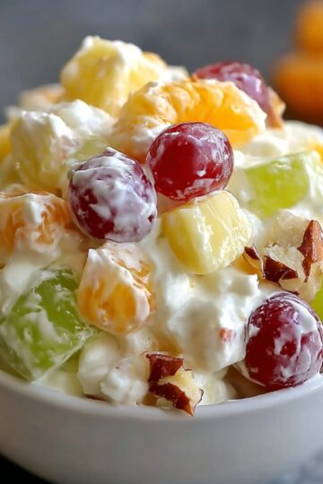 Small white bowl of creamy fruit Ambrosia Salad Recipe with red and green grapes, pineapple, orange, and nuts.
