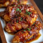 Bacon Brown Sugar Chicken tenders: Juicy chicken tenders wrapped in crispy bacon, glazed with brown sugar and garnished with fresh parsley.