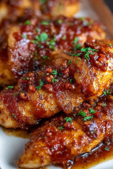 Bacon Brown Sugar Chicken tenders: Juicy chicken tenders wrapped in crispy bacon, glazed with brown sugar and garnished with fresh parsley.