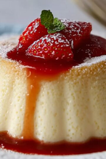 Finished Bavarian Cream Recipe dessert – A molded custard topped with strawberry sauce, fresh strawberries, and a mint leaf on a white plate.