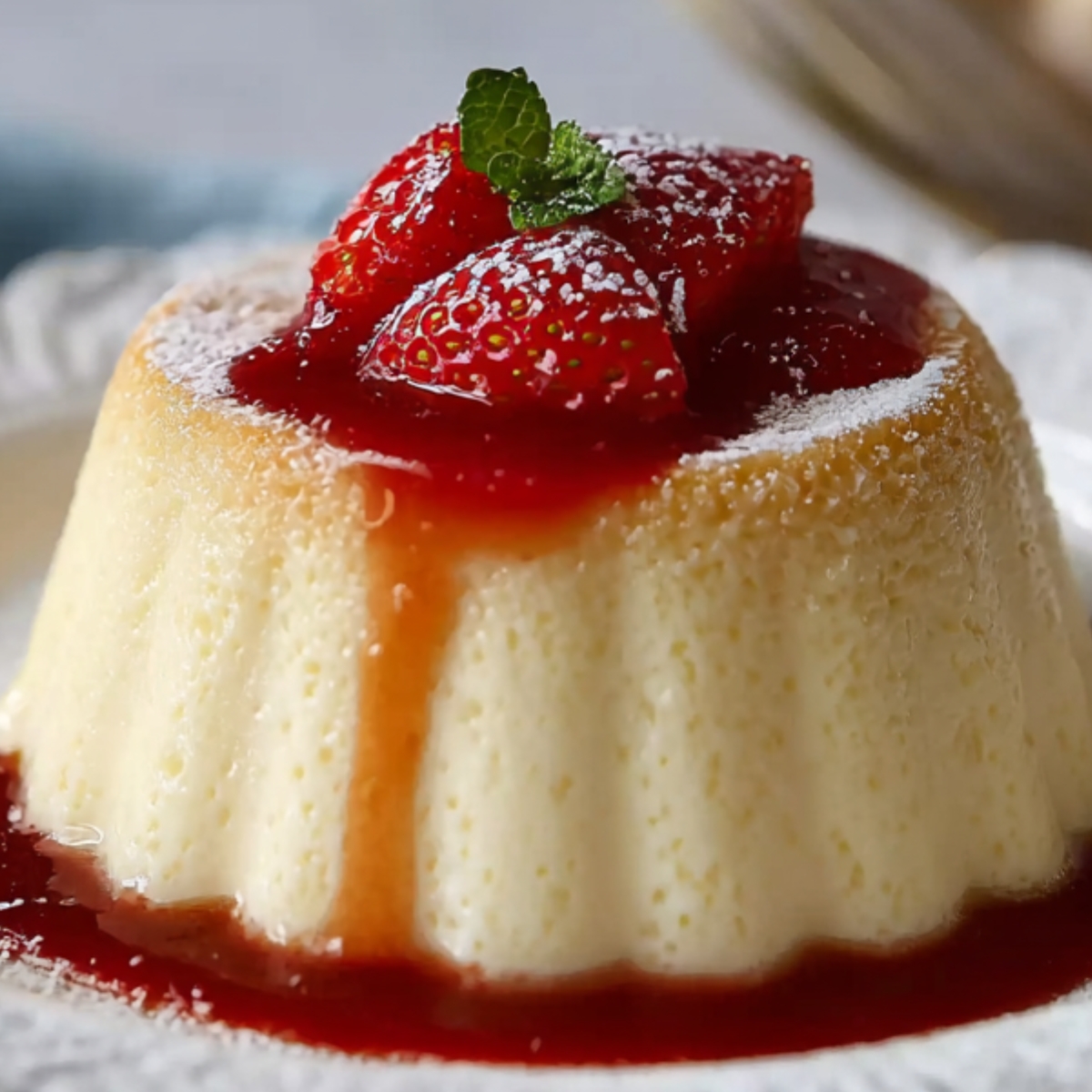 Finished Bavarian Cream Recipe dessert – A molded custard topped with strawberry sauce, fresh strawberries, and a mint leaf on a white plate.