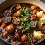 A rustic pot of Beef Bourguignon Recipe with tender beef chunks, carrots, mushrooms, and pearl onions in a rich red wine sauce, garnished with fresh thyme and served with mashed potatoes.