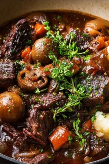 A rustic pot of Beef Bourguignon Recipe with tender beef chunks, carrots, mushrooms, and pearl onions in a rich red wine sauce, garnished with fresh thyme and served with mashed potatoes.