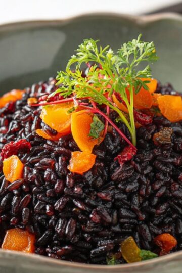 Cooked black rice recipe served in a green bowl, topped with diced orange vegetables, dried fruits, and a sprig of fresh herbs.
