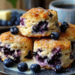 A stack of golden blueberry biscuits topped with glaze, surrounded by fresh blueberries, served on a plate with a cup of coffee in the background.