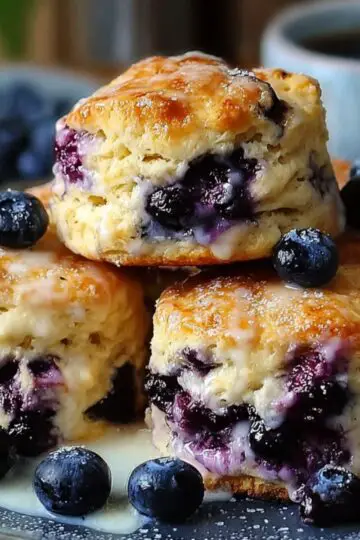 A stack of golden blueberry biscuits topped with glaze, surrounded by fresh blueberries, served on a plate with a cup of coffee in the background.
