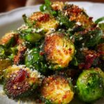 A bowl filled with crispy roasted Brussels Sprout Recipe, golden-brown edges, sprinkled with Parmesan and herbs.