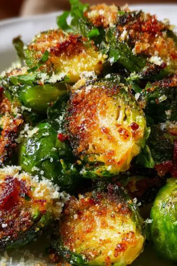 A bowl filled with crispy roasted Brussels Sprout Recipe, golden-brown edges, sprinkled with Parmesan and herbs.