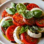 A Caprese salad recipe served on a white plate with thick slices of red tomatoes, mozzarella, fresh basil leaves, olive oil, balsamic vinegar, and dried herbs.