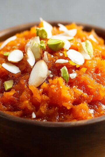 A delicious Indian Carrot Halwa Recipe made from grated carrots cooked in ghee, milk, and sugar, garnished with nuts.