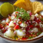 A bowl of shrimp Ceviche Recipe with diced avocado, red onion, tomato, cilantro, and lime wedges in a tangy citrus marinade.