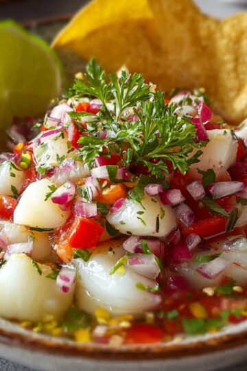 A bowl of shrimp Ceviche Recipe with diced avocado, red onion, tomato, cilantro, and lime wedges in a tangy citrus marinade.