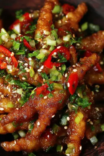 A wooden bowl filled with braised chicken feet recipe glazed in a glossy sauce, garnished with sliced red chili, chopped scallions, cilantro, and sprinkled sesame seeds.