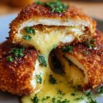 Cooked Chicken Kiev Recipe cut open, showing melted butter and cheese inside, garnished with fresh parsley.