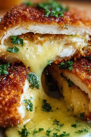 Cooked Chicken Kiev Recipe cut open, showing melted butter and cheese inside, garnished with fresh parsley.