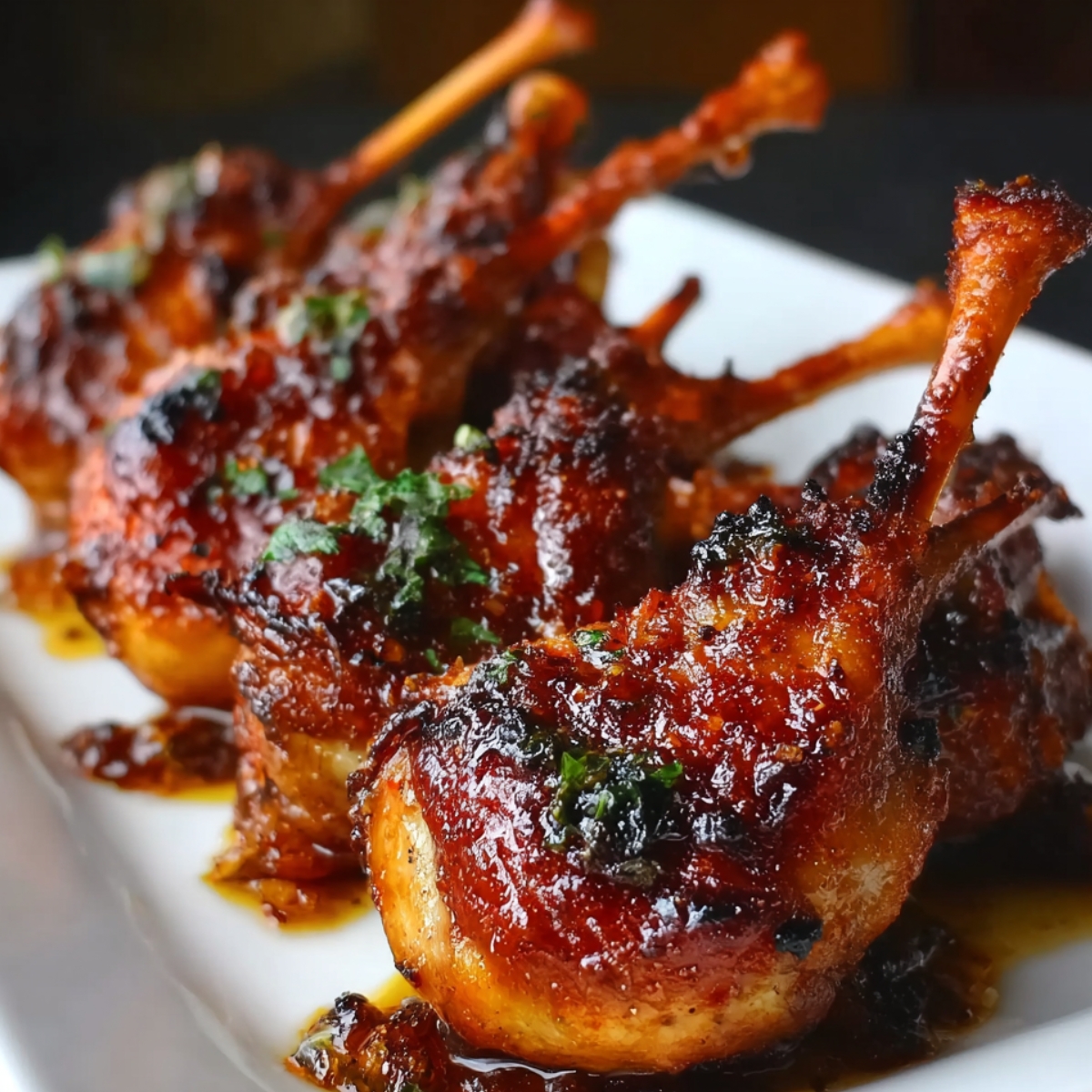 Cooked Chicken Lollipops Recipe  on plate: Crispy glazed chicken lollipops arranged neatly on a white serving dish.