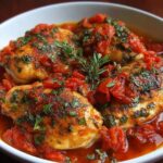 A dish featuring Chicken Tomato Recipe in a tomato sauce with herbs like thyme, topped with chopped parsley.