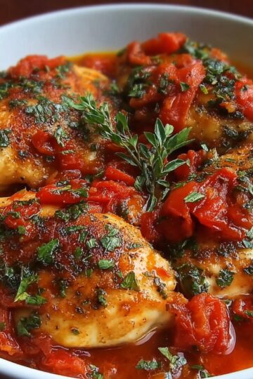 A dish featuring Chicken Tomato Recipe in a tomato sauce with herbs like thyme, topped with chopped parsley.