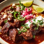 Final Serving Dish: Chili Colorado Recipe with tender beef in red sauce, garnished with pickled radishes, sour cream, jalapeño slices, and Mexican rice.