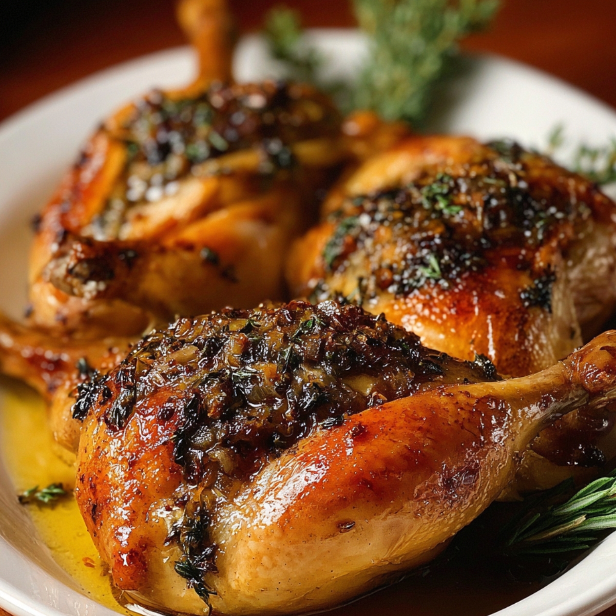 Three roasted Cornish Hen Recipe Baked with golden crispy skin, topped with fresh herbs, arranged on a brown serving platter with sprigs of thyme.