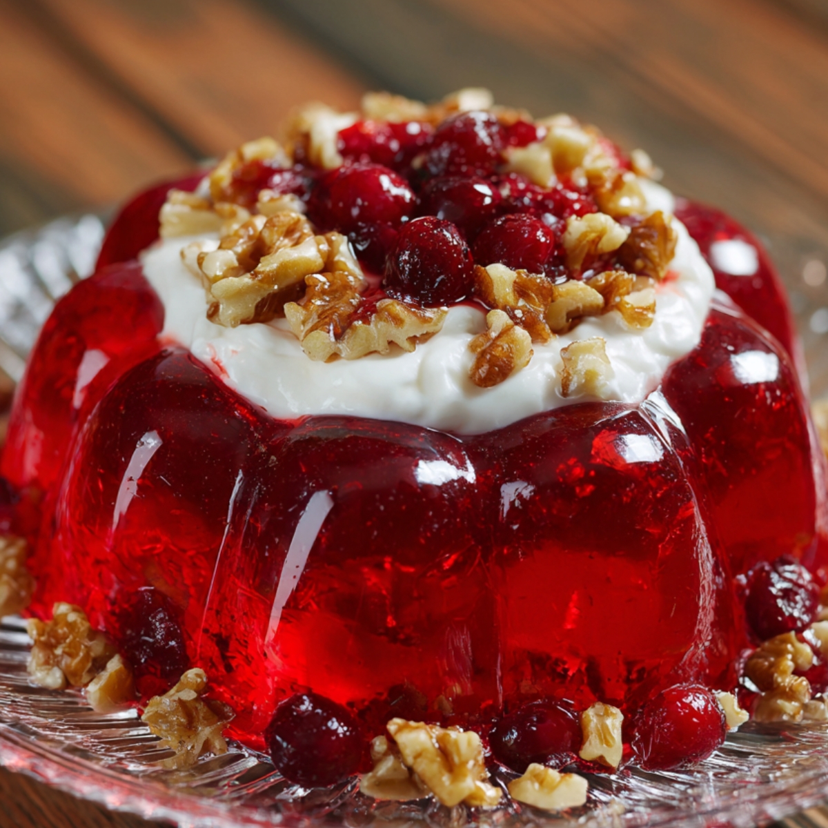 A gelatin Cranberry Jello Salad Recipe set in a molded shape, topped with whipped cream and garnished with cranberries and walnuts.