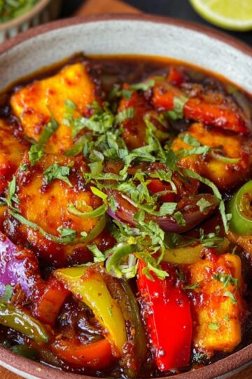 A bowl of Chili Paneer Recipe with golden paneer cubes, stir-fried onions and bell peppers in a glossy red sauce, garnished with fresh coriander leaves.