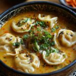 A warm bowl of momo dumpling soup recipe in a rich, spiced broth, topped with fresh cilantro, black sesame seeds, and chili threads.