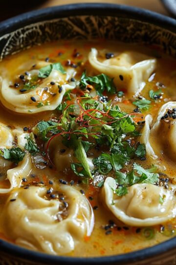 A warm bowl of momo dumpling soup recipe in a rich, spiced broth, topped with fresh cilantro, black sesame seeds, and chili threads.