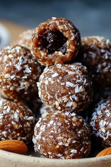 A ceramic bowl filled with Energy Ball Recipe coated in shredded coconut, with whole almonds scattered around.