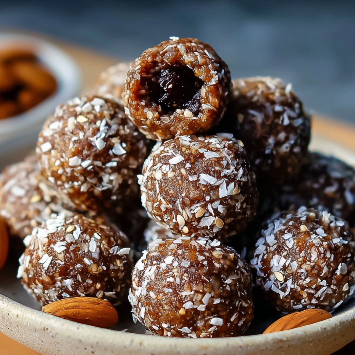 A ceramic bowl filled with Energy Ball Recipe coated in shredded coconut, with whole almonds scattered around.
