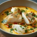 Bowl of creamy Fish Soup Recipe with large pieces of white fish, fresh cilantro, and a rich golden broth.